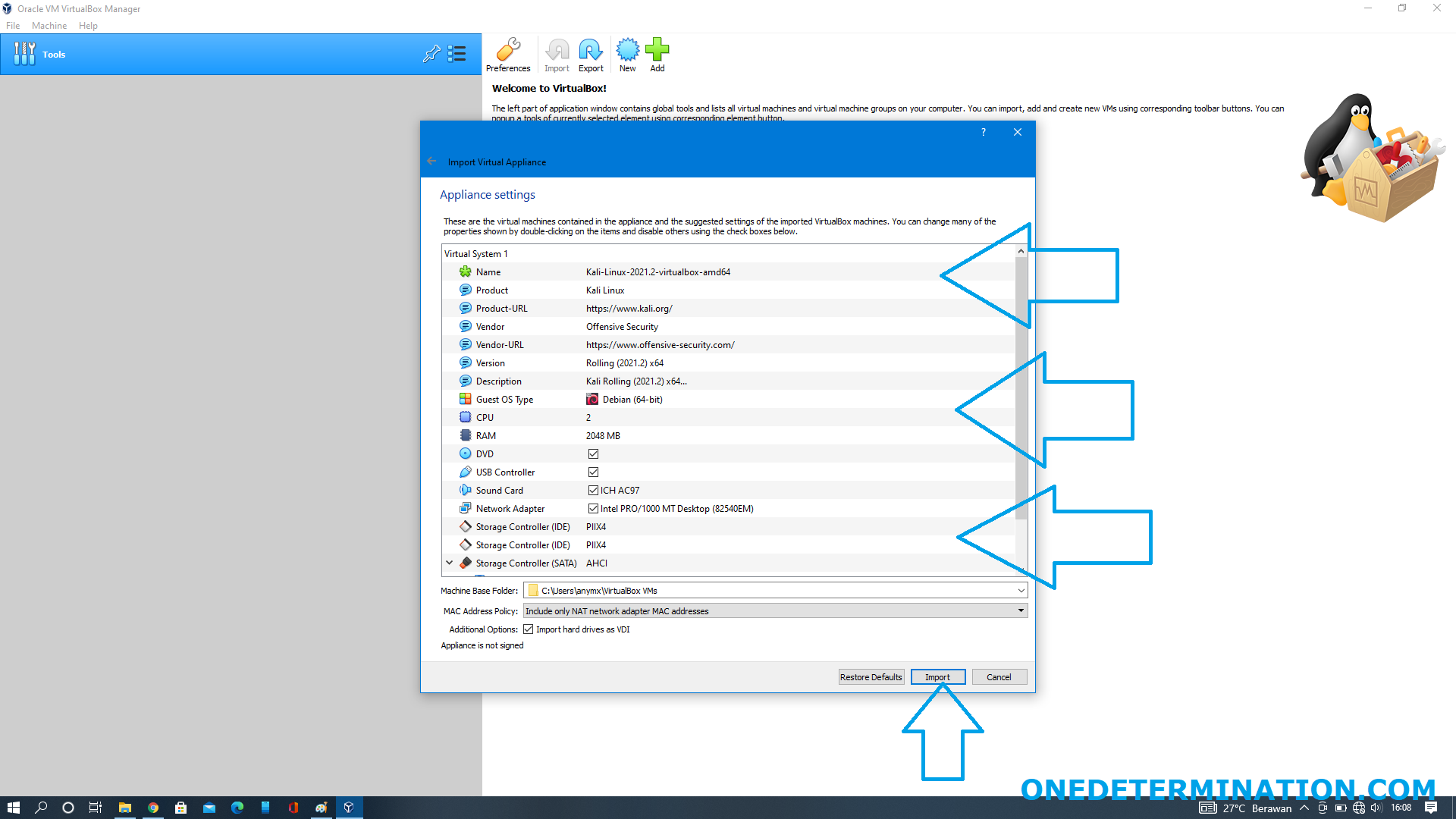 import kalilinux ova