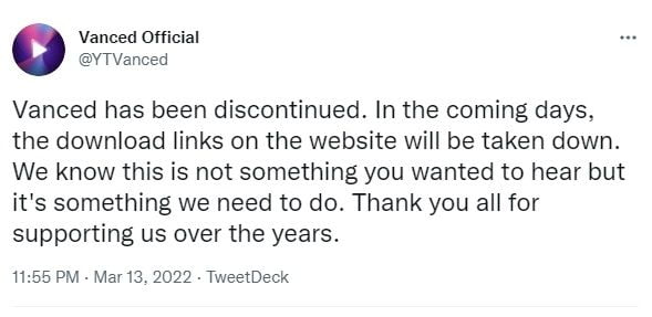 cuitan youtube vanced ditutup